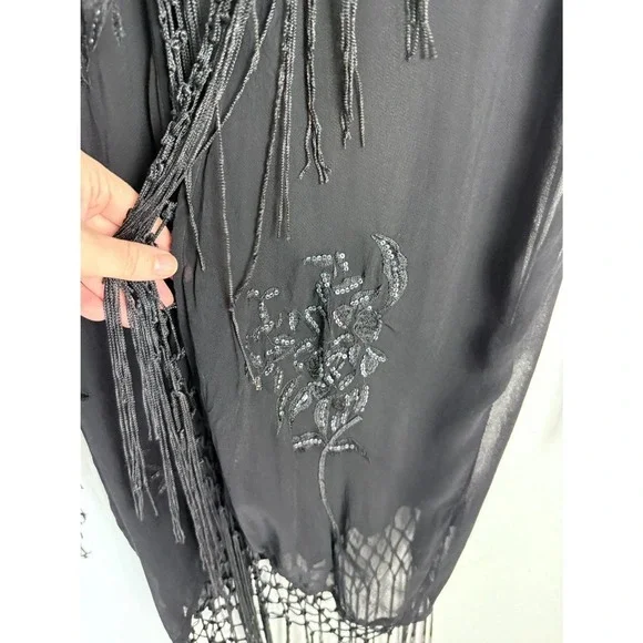 Black Sheer Sequin Beaded Fringe Kimono Jacket Open Front Festival Cover Up - Picture 4 of 6